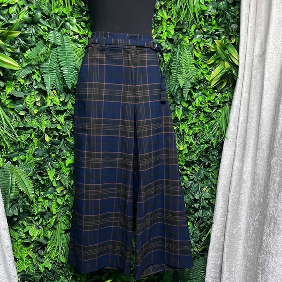 Ann Taylor Dress Pants Womens Size 6 Navy Blue Plaid Wide Leg Crop Belted 3758 - Picture 10 of 10